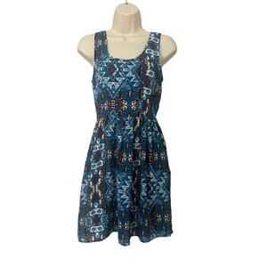Xhilaration Women's Southwest Aztec Print Blue Skater‎ Dress Size XS NWOT